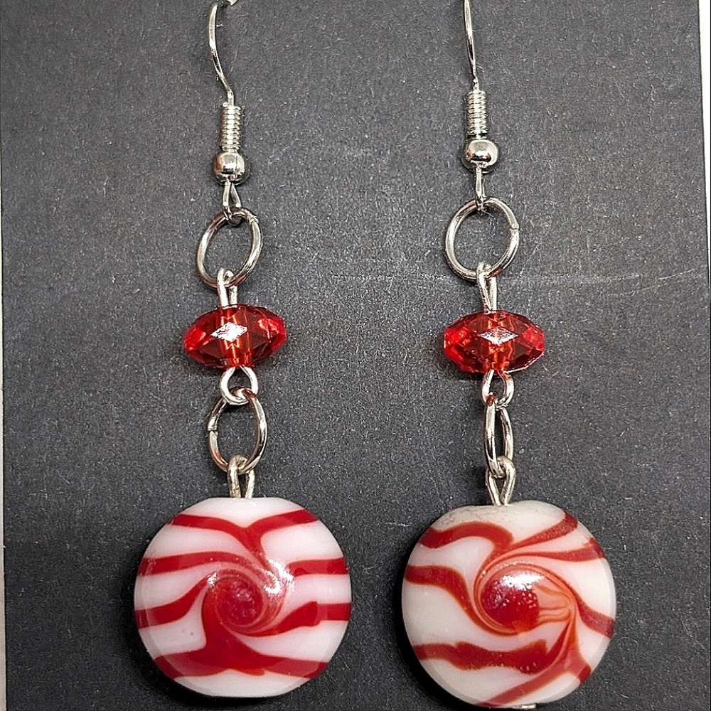 Handmade Christmas Glass Peppermint Candy Dangle Earrings